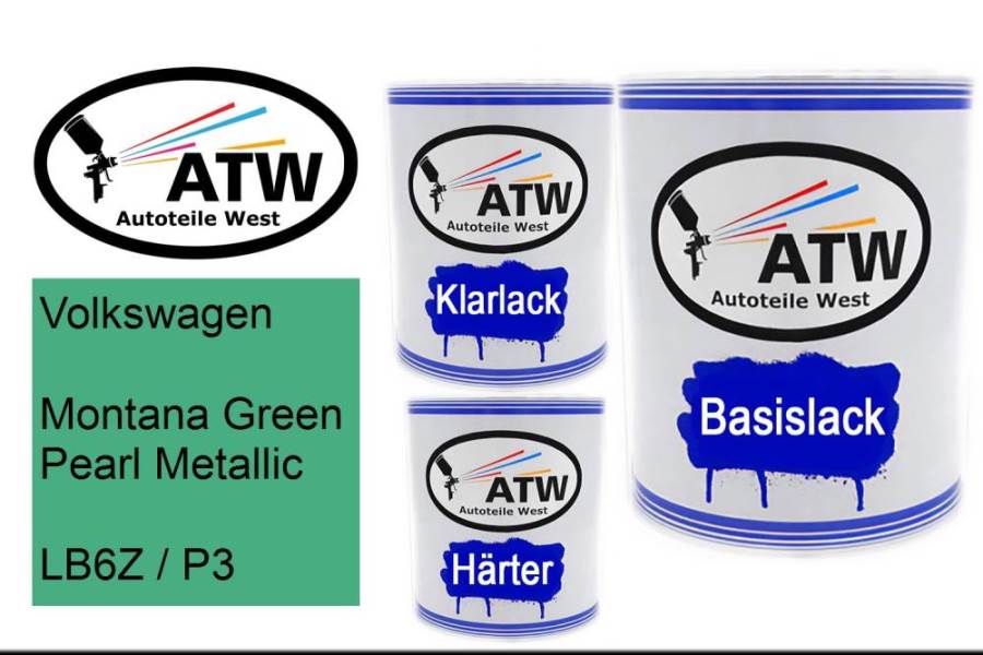 Volkswagen, Montana Green Pearl Metallic, LB6Z / P3: 1L Lackdose + 1L Klarlack + 500ml Härter - Set, von ATW Autoteile West.